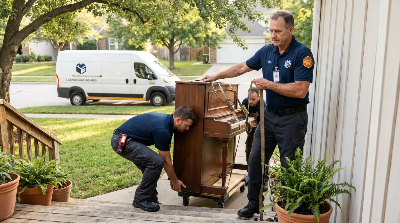 Licensed piano movers securing grand piano in White Plains, NY