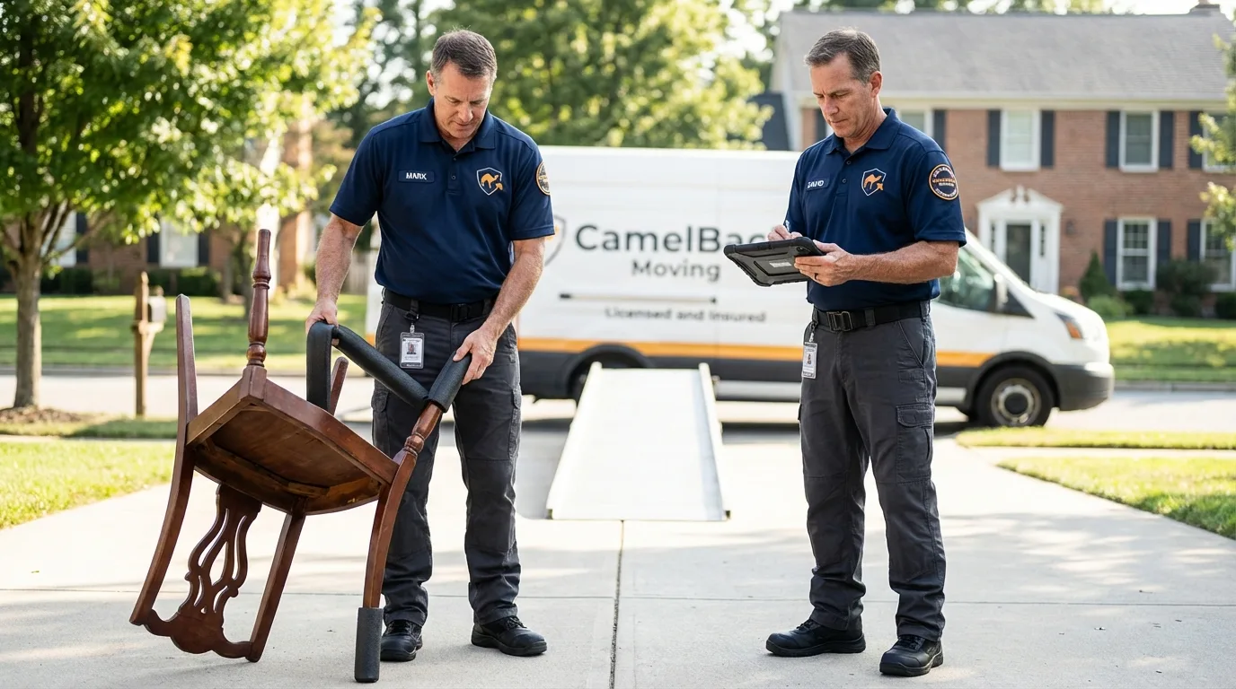 Movers inspecting furniture for damage prevention before loading in White Plains, NY