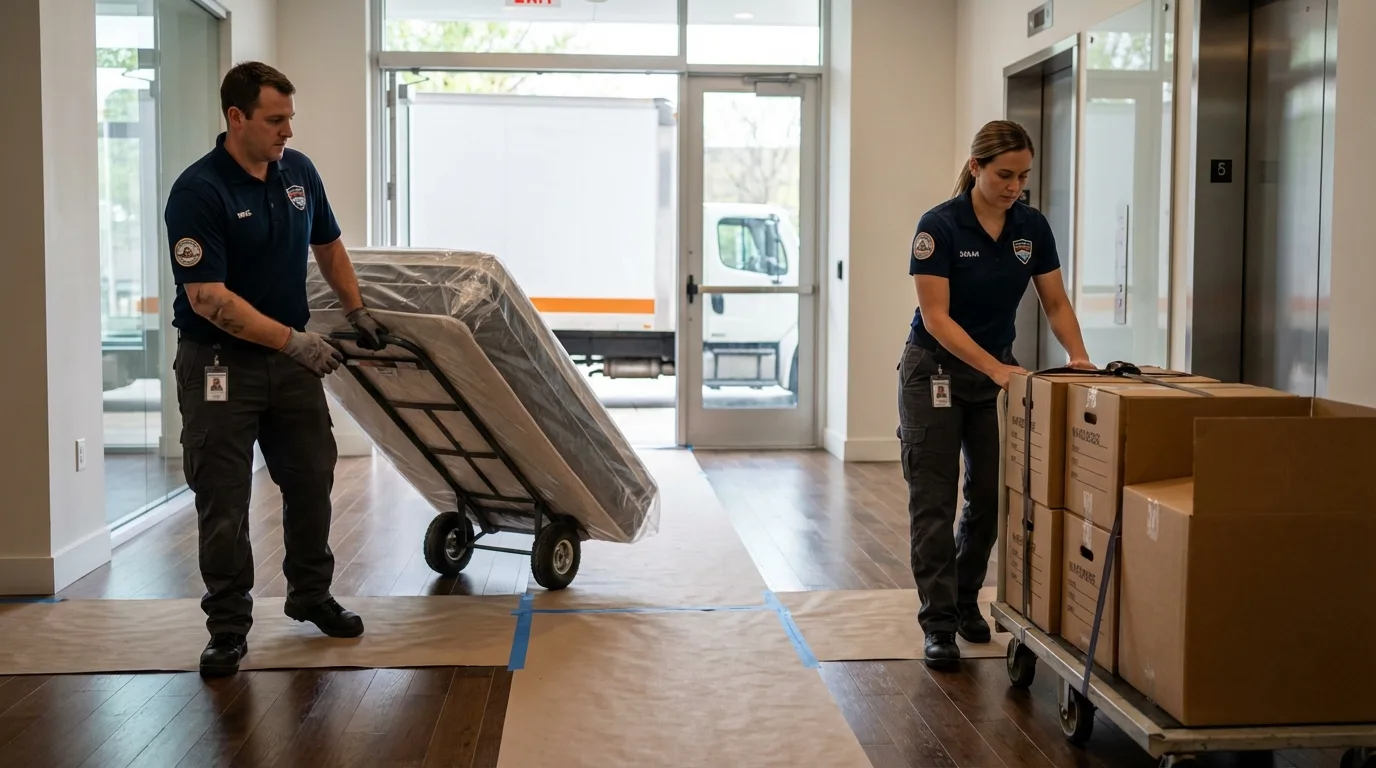 Professional apartment movers loading elevator in White Plains, NY