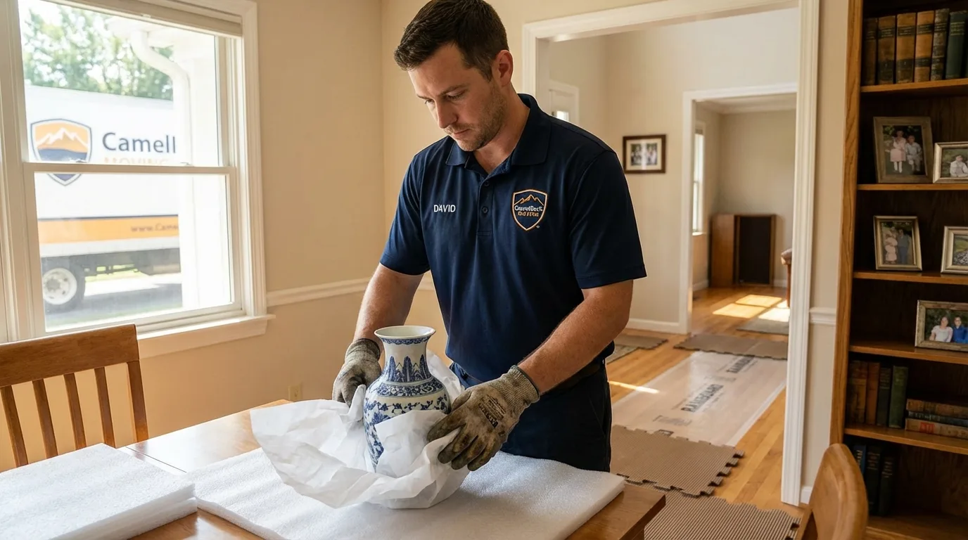 Professional crew carefully wrapping antique vase for senior downsizing move in White Plains, NY